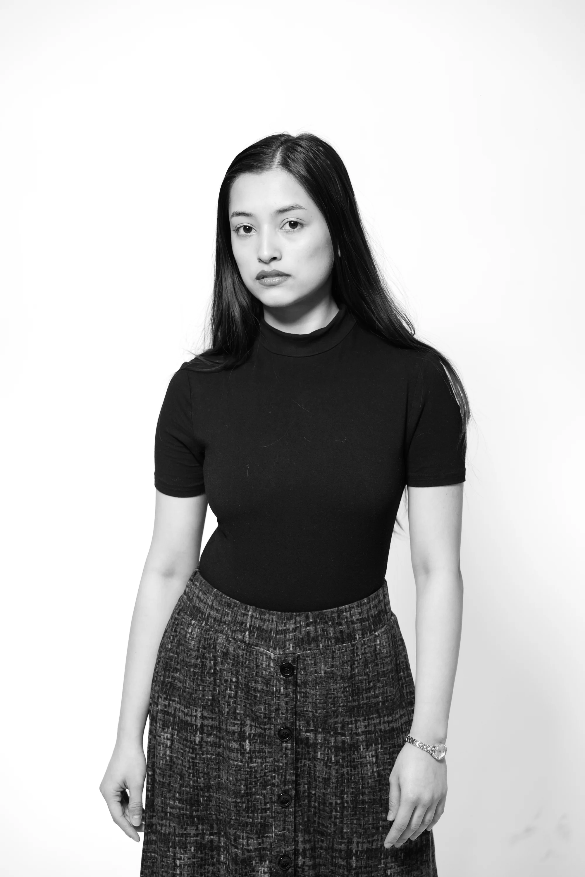 Diya Shrestha, black and white studio portrait